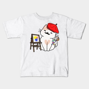 Funny white cat is a painter Kids T-Shirt